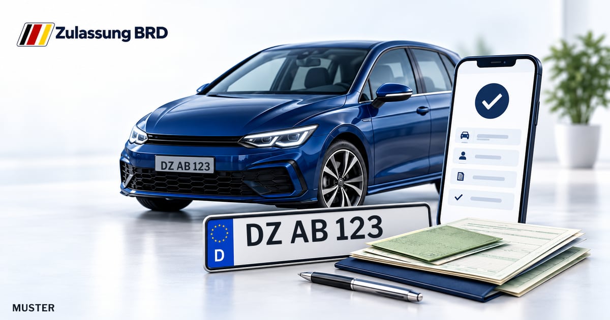Online Fahrzeugzulassung in Landkreis Nordsachsen: Musterkennzeichen DZ AB 123, Auto und Fahrzeugpapiere und Smartphone. Illustration mit Logo von Zulassung BRD.